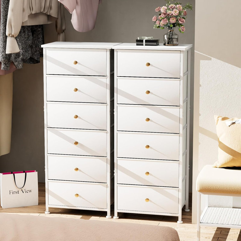 Ebern Designs Urnelle 6 Drawer Dresser Tall Skinny Dresser Dresser for Bedroom 6 Drawers Storage Organizer White Fabric Dresser for Closet with Sturdy Steel Frame Metal Handle Leather Front Wood Top